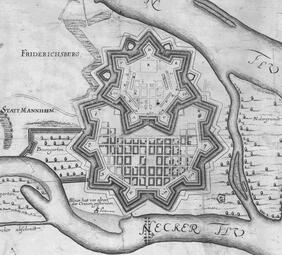 Vergrößerte Ansicht von sternförmige Festung Friedrichsburg und die Stadt Mannheim 