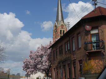 Vergrößerte Ansicht von Eckhaus in der Wallonenstraße, im Hintergrund Johannes Calvin Kirche