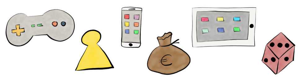 Vergrößerte Ansicht von Sketch Icons Controller, Spielfigur, Smartphone, Geldsack, Tablet, Würfel