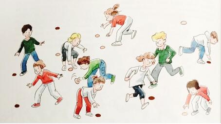 Vergrößerte Ansicht von spielende Kinder, die Karten auf dem Boden umdrehen