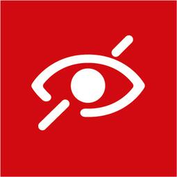 Vergrößerte Ansicht von Hier ist ein Symbol, das den Zugang für blinde und sehbehinderte Menschen darstellt. Der Hintergrund ist ein rotes Quadrat. Das Bild stellt symbolisch dar: -	Ein Auge, mit einem unterbrochenem Strich quer durch das Auge
