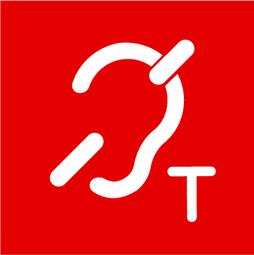 Vergrößerte Ansicht von Hier ist ein Symbol, das zeigt, dass eine induktive Höranlage vorhanden ist. Der Hintergrund ist ein rotes Quadrat. Das Bild stellt symbolisch dar: -	Ein Ohr, in der Mitte ein großes T (für T-Spule)