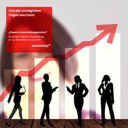 Vergrößerte Ansicht von Bild für die Öffentlchkeitsarbeit: symbolisches Bild Frauenquote mit schwarzen Frauensilhouetten und rotem Pfeil mit den Daten der Veranstaltung