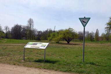Vergrößerte Ansicht von Die Bell ist der Rest einer ehemaligen Sanddüne. Die Informationstafel für das flächenhafte Naturdenkmal „Die Bell“ informiert über die historischen und geologischen Besonderheiten des Schutzgebietes im Bürgerpark Feudenheim.