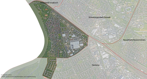Vergrößerte Ansicht von Das Luftbild zeigt den Stadtbezirk Lindenhof und die angrenzenden Stadtbezirke.