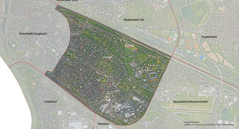 Vergrößerte Ansicht von Das Luftbild zeigt den Stadtbezirk Schwetzingerstadt/Oststadt und die angrenzenden Stadtbezirke.