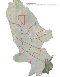 Vergrößerte Ansicht von Das Luftbild zeigt die Lage des Stadtbezirk Friedrichsfeld im Stadtgebiet.