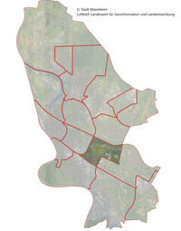 Vergrößerte Ansicht von Das Luftbild zeigt die Lage des Stadtbezirk Neuostheim/Neuhermsheim im Stadtgebiet.