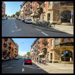 Vergrößerte Ansicht von Die Lange Rötterstraße vorher (oben) sowie nach ihrem Umbau zum verkehrsberuhigten Geschäftsbereich (unten).