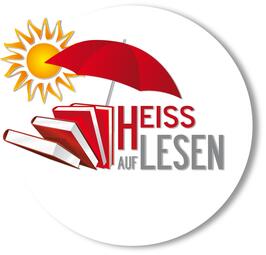 Vergrößerte Ansicht von Ein comichaftes Logo. Es besteht aus einem Bücherstapel unter einem Sonnenschirm. Im Hintergrund scheint die Sonne.
