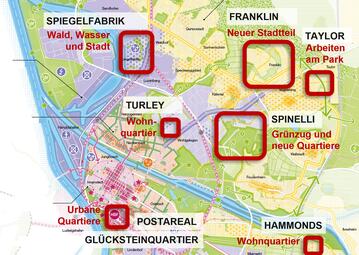 Vergrößerte Ansicht von Lage aktueller Konversionsflächen im Mannheimer Stadtgebiet
