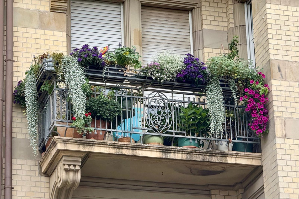 Balkon voller Blumen in Blumenkästen