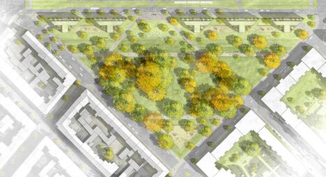Vergrößerte Ansicht von Gezeichneter Plan des neuen Glückstein-Parks, Sicht von oben aus der Luft