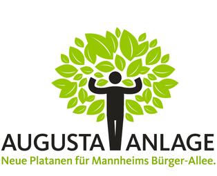 Vergrößerte Ansicht von Logo der Spenden-Aktion für die Augusta-Anlage. Ein Mensch mit erhobenen Armen, um die Arme herum eine Baumkrone aus Blättern. Darunter Text: "Augusta-Anlage. Neue Platanen für Mannheims Bürger-Allee". 