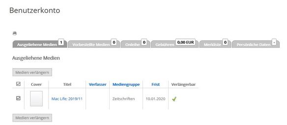 Vergrößerte Ansicht von Screenshots der Online-Verlängerung der Ausleihfrist