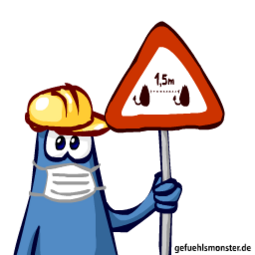 Vergrößerte Ansicht von Gefühlsmonster Quarantänemonster mit Achtungschild "1,5m Abstand"