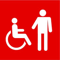 Vergrößerte Ansicht von Hier ist ein Symbol, welches zeigt, dass eine Assistenz benötigt wird. Der Hintergrund ist ein rotes Quadrat. Das Bild stellt symbolisch dar: -	Eine Person, die im Rollstuhl sitzt  -	Und eine weitere Person, die neben der Person im Rollstuhl steht 