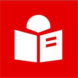 Vergrößerte Ansicht von Hier ist ein Symbol, das für Leichte Sprache steht. Der Hintergrund ist ein rotes Quadrat. Das Bild stellt symbolisch dar: -	Eine Person, die vor sich ein aufgeschlagenes Buch hat.