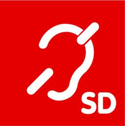 Vergrößerte Ansicht von Hier ist ein Symbol, das zeigt, dass ein Schriftdolmetscher anwesend ist. Der Hintergrund ist ein rotes Quadrat. Das Bild stellt symbolisch dar: -	Ein Ohr, in der Mitte ein großes S und D (für Schriftdolmetscher) 