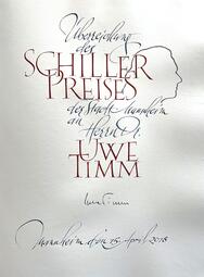 Vergrößerte Ansicht von Urkunde zur Verleihung des Schiller-Preises der Stadt Mannheim an Hr. Uwe Timm im Jahr 2018