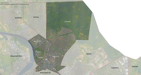 Vergrößerte Ansicht von Das Luftbild zeigt den Stadtbezirk Waldhof und die angrenzenden Stadtbezirke.