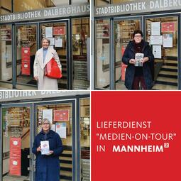 Vergrößerte Ansicht von Eine Collage aus drei quadratischen Bildern, auf denen jeweils eine Dame mit einem Buch in der Hand steht und in die Kamera lächelt. Das vierte Quadrat ist rot und enthält den Text "Medien-on-Tour".