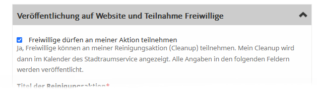 Das Bild zeigt die Funktion 'Freiwillige dürfen an meiner Aktion teilnehmen' im Anmeldeformular
