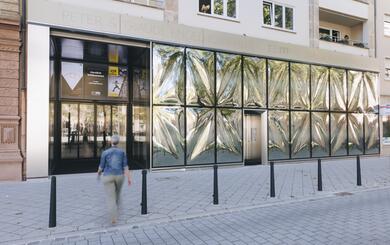 Eine Frau läuft auf den Eingang eines Museums mit auffälliger Glassfassade zu