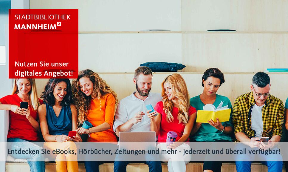 Junge Menschen, die auf einer Bank in diversen Medien lesen