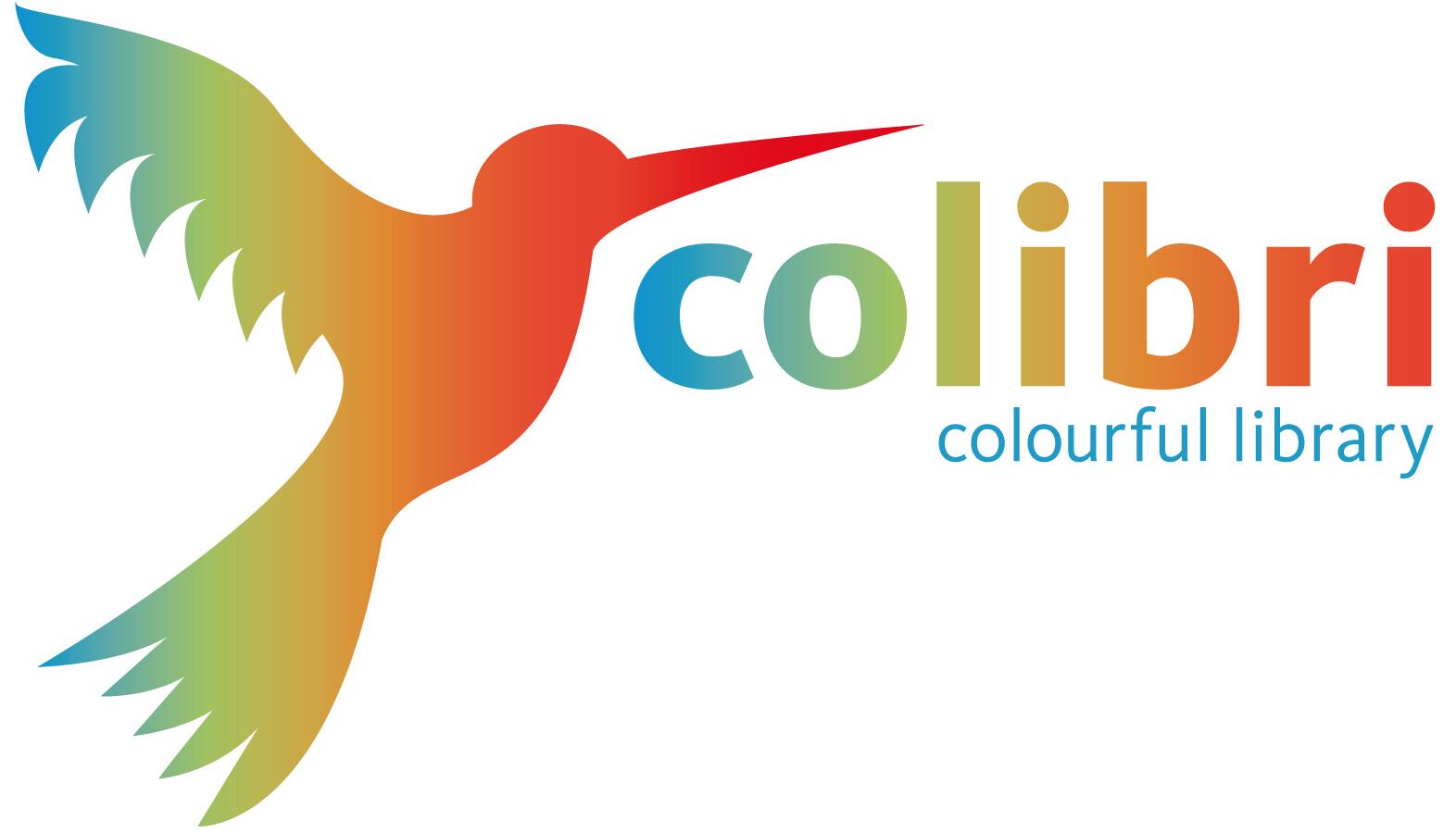 Logo mit Vogel, Schriftzug colibri colorful library