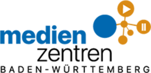 Vergrößerte Ansicht von Logo Medienzentren Baden-Würrtemberg blauer und schwarzer Schriftzug 