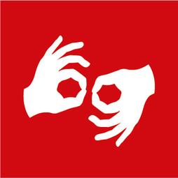 Vergrößerte Ansicht von Hier ist ein Symbol für Gebärdensprachdolmetschung mit zwei Händen in einem roten Quadrat abgebildet. 
