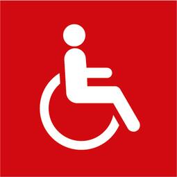 Vergrößerte Ansicht von Hier ist ein Symbol, das den Zugang für gehbehinderte oder auf den Rollstuhl angewiesene Menschen darstellt. Der Hintergrund ist ein rotes Quadrat. Das Bild stellt symbolisch dar:  -	Eine Person, die im Rollstuhl sitzt 