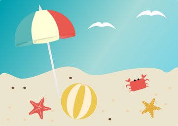 Vergrößerte Ansicht von Strand mit einem Sonnenschirm, Meerestieren und einem gestreiften Ball (Grafische Darstellung)