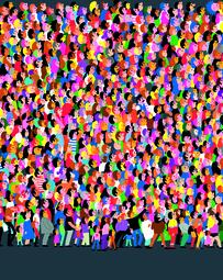Vergrößerte Ansicht von Farbiges Wimmelbild &quot;Alle sammen teller&quot; von Kristin Roskifte, welches zahlreiche Menschen in bunter Kleidung darstellt