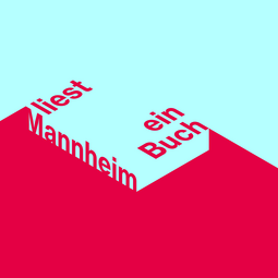 Vergrößerte Ansicht von Quadrat in rot und hellblau, in dem steht: &quot;Mannheim liest ein Buch&quot;