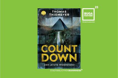 Vergrößerte Ansicht von Bild von Buchcover &quot;Countdown&quot; von Thomas Thiemeyer mit BUGA Logo am Rand