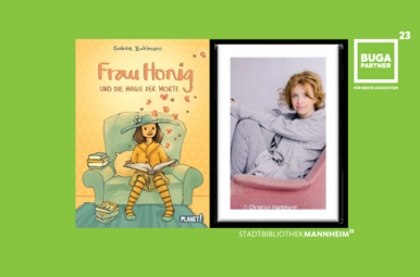 Vergrößerte Ansicht von Cover des Buches &quot;Frau König und die Magie der Worte&quot;, daneben ein Foto von Sabine Bohlmann, die mit angezogenen Beinen auf einem Sessel sitzt.