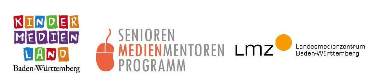 Vergrößerte Ansicht von Logos Kindermedienland Baden-Württemberg, Senioren Medienmentoren Programm und Landesmedienzentrum Baden-Württemberg