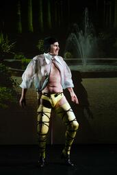 Vergrößerte Ansicht von Malvolio in durchsichtigem Hemd und gelber Unterhose. An den Beinen trägt er hohe Strümpfe in der selben Farbe, die von schwarzen Bändern gehalten werden. Das Bild ist sehr dunkel und Malvolio befindet sich mit verzerrtem Gesicht im Sprung.