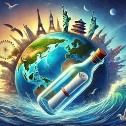 Vergrößerte Ansicht von Eine Flaschenpost vor einer Weltkugel mit stilisierten Sehenswürdigkeiten.