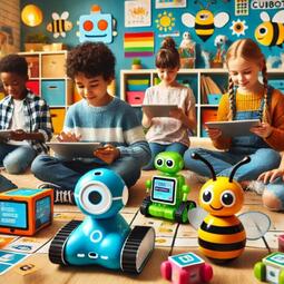 Vergrößerte Ansicht von Kinder vor verschiedenen Spielerobotern