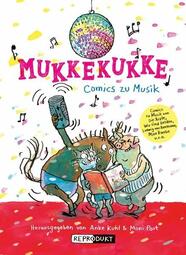Vergrößerte Ansicht von Im Comic-Stil eine Katze, ein Schwein und ein Pferd im Konfetti-Regen. Sie schauen gemeinsam in den Comic Mukkekukke und tanzen zur Musik einer Boombox.