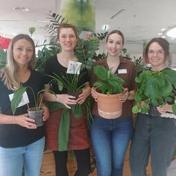 Vergrößerte Ansicht von Mitarbeiterinnen der Stadtbibliothek bei der Pflanzentauschparty