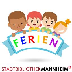 Vergrößerte Ansicht von Eine Illustration zeigt vier Kinder, die ein weißes Banner hochhalten. Darauf steht in bunter Schrift: Ferien.