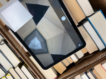 Vergrößerte Ansicht von In einem Tablet-Bildschirm spiegeln sich Bücher in Kisten wie in einem Kaleidoskop.