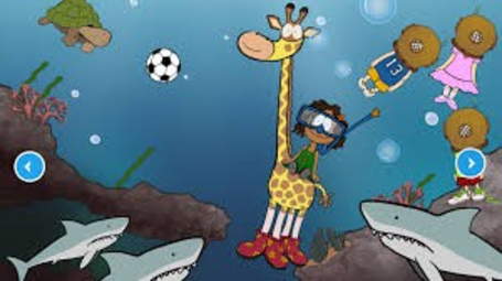 Vergrößerte Ansicht von Eine Illustration im Comic-Stil zeigt eine surreale Unterwasserszene. Ein kleines Mädchen mit Taucherbrille sitzt auf einem Zebra, das rote Schuhe trägt. Um sie herum Haie, eine Schildkröte und andere Kinder mit Donuts als Kopf.
