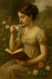 Vergrößerte Ansicht von Eine KI-generierte Darstellung von Jane Austen, die gerade eine Tasse Tee trinkt und dabei liest.