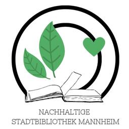 Vergrößerte Ansicht von Eine Logografik mit Pflanzen, die aus einem geöffneten Buch wachsen. Darunter der Schriftzug &quot;Nachhaltige Stadtbibliothek Mannheim&quot;.