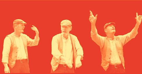 Vergrößerte Ansicht von Ein zweifarbiges Bild zeigt Märchenerzähler Dirk Nowakowski in drei verschiedenen Posen. Der Hintergrund ist rot-orange, Nowakowski mit Schiebermütze und Weste gelb.